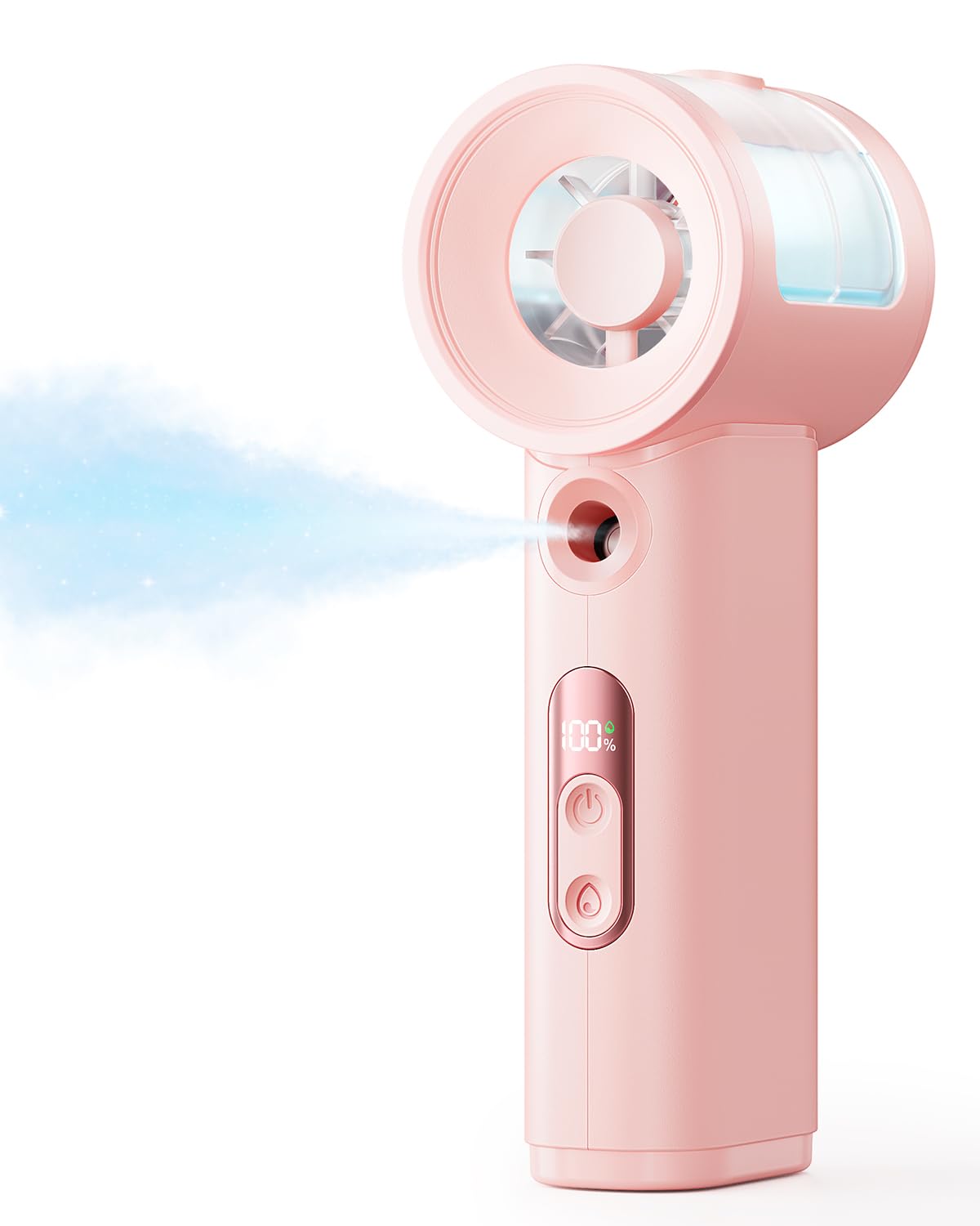 SWEETFULL vista frontal del ventilador portátil con diseño rosa y control claro