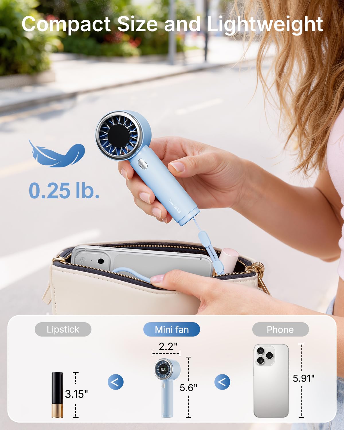 SWEETFULL ventilador en mano demostrando portabilidad y confort
