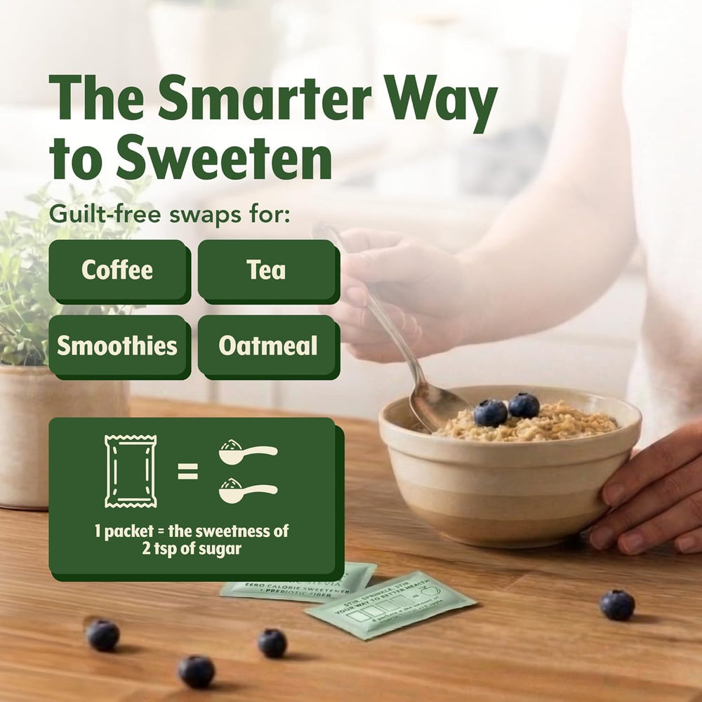 SweetLeaf packet next to baking ingredients showing sugar-replacement application