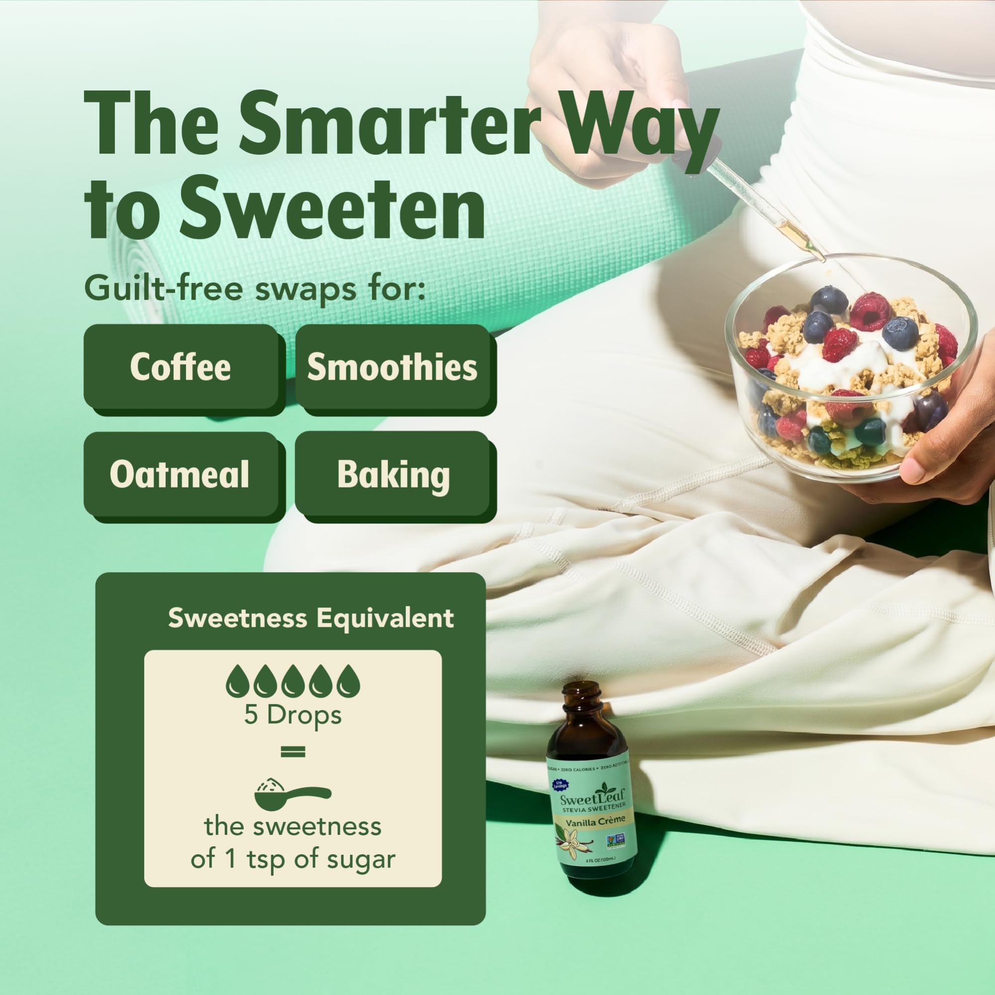 Botella SweetLeaf 118 ml junto a una regla para comparar tamaño práctico