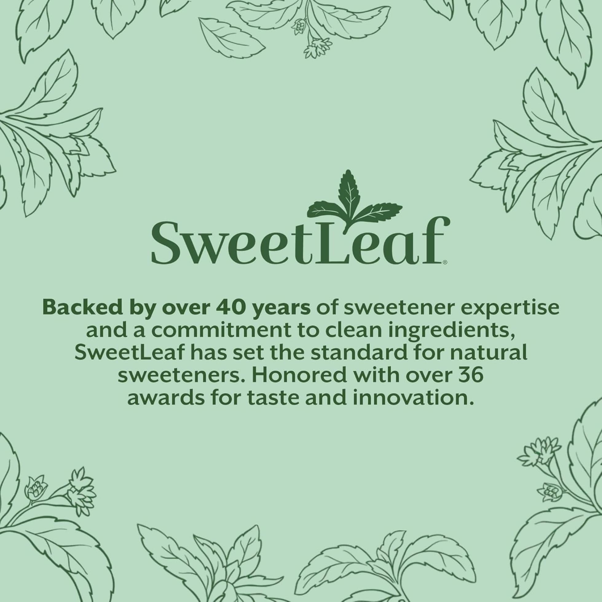 Presentación SweetLeaf con medallas indicando reconocimiento y sabor premiado
