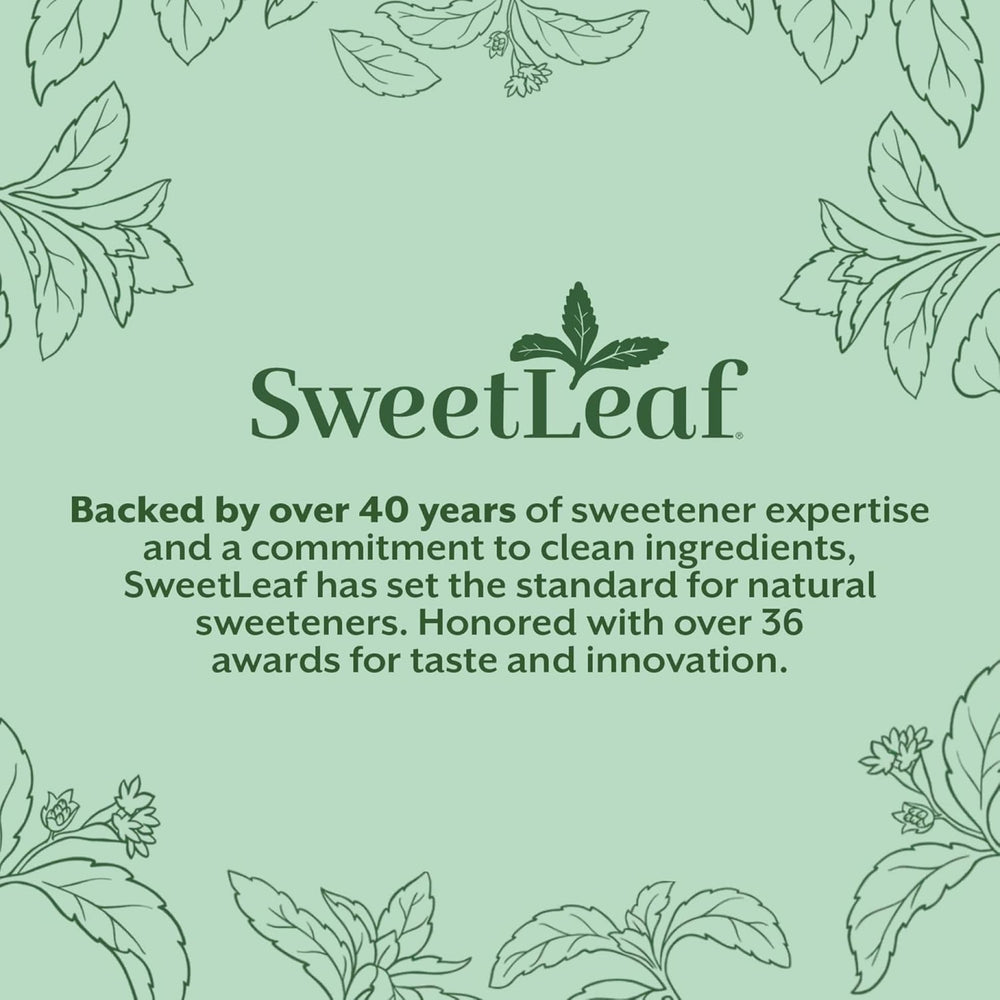 Presentación SweetLeaf con medallas indicando reconocimiento y sabor premiado