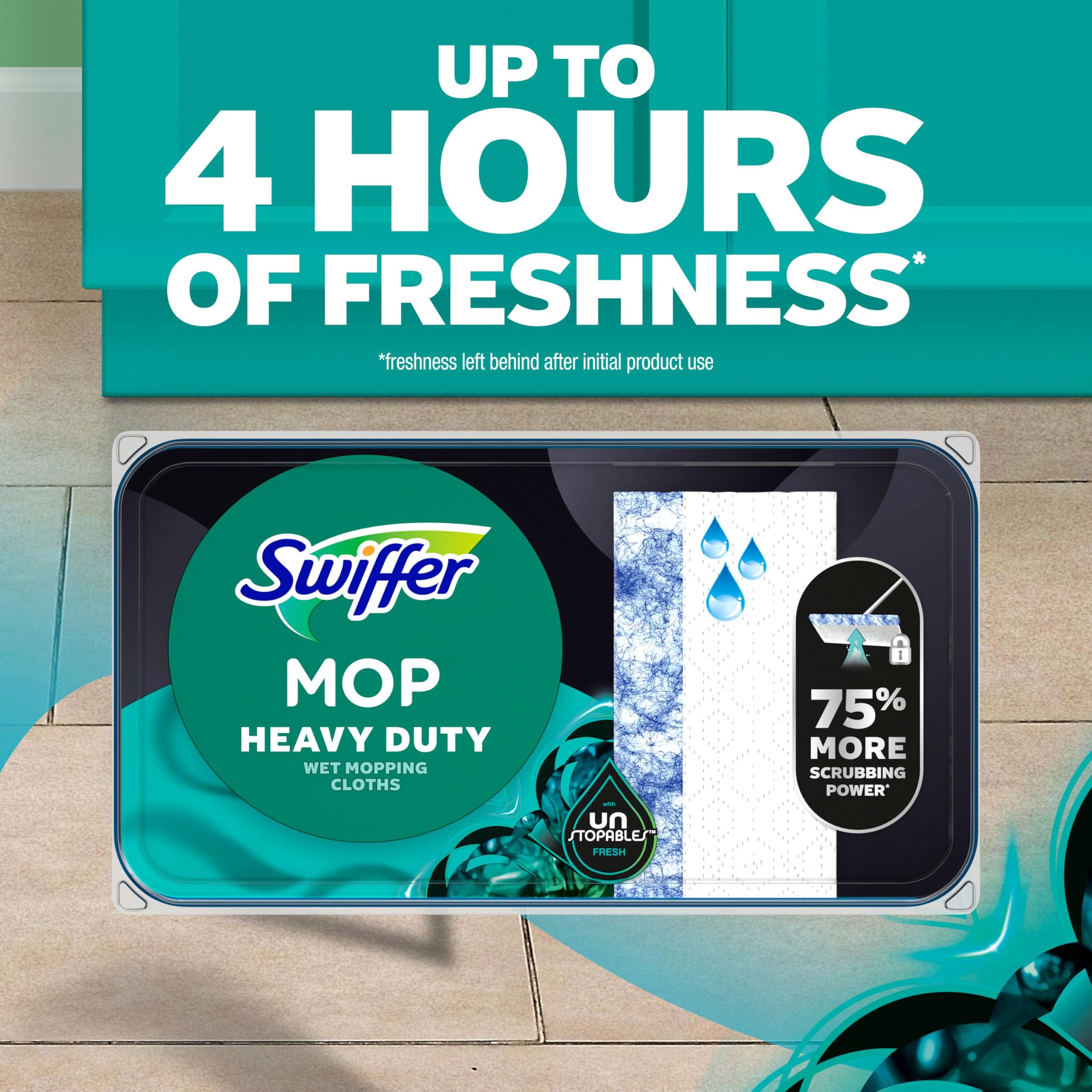 Swiffer comparación de tamaño con mano para ilustrar escala y facilidad de uso