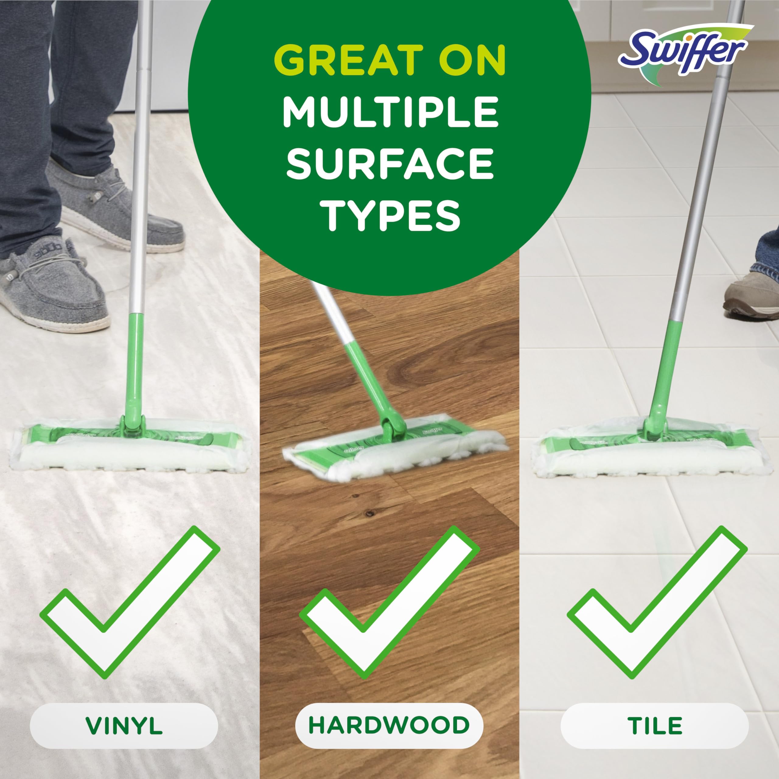 Comparación de tamaño Swiffer junto a un pie para escala precisa