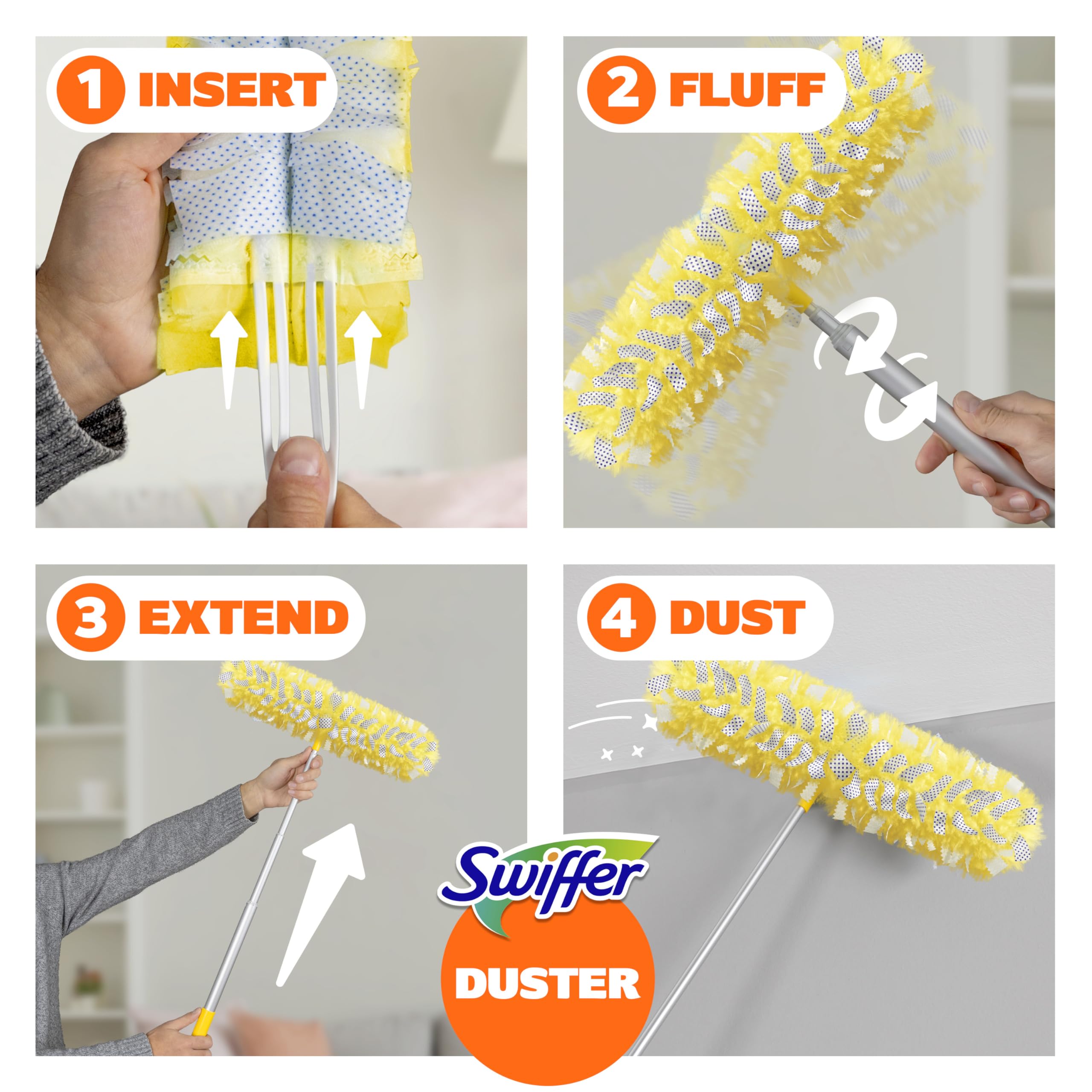 Swiffer comparado con plumero demostrando mayor retención de polvo