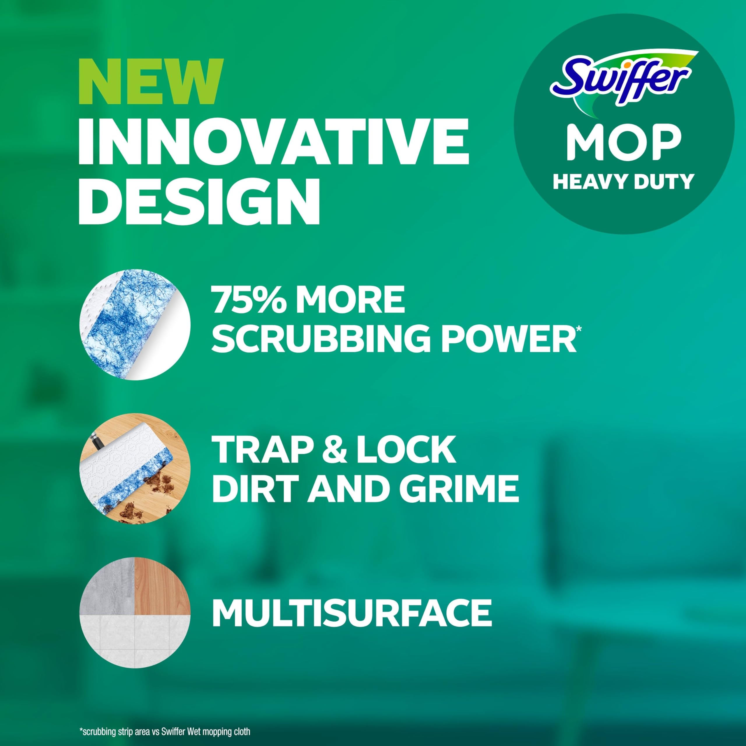 Swiffer detalle de la franja de fregado que remueve manchas difíciles, mayor eficacia