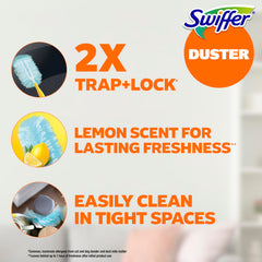 Close-up de fibra Swiffer mostrando textura que atrapa polvo eficazmente