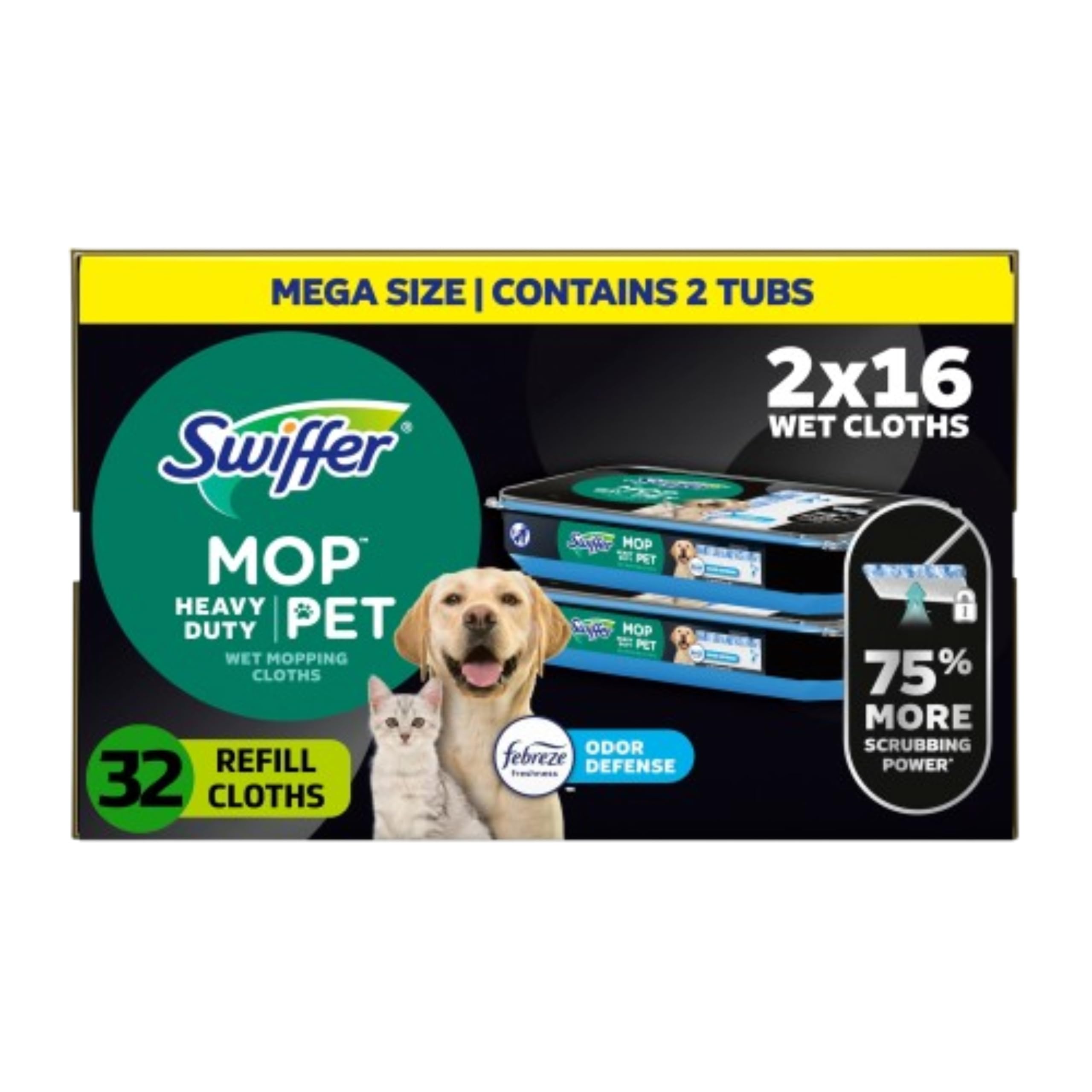 Swiffer empacado frente mostrando el paquete y la cantidad 32 unidades, limpieza rápida
