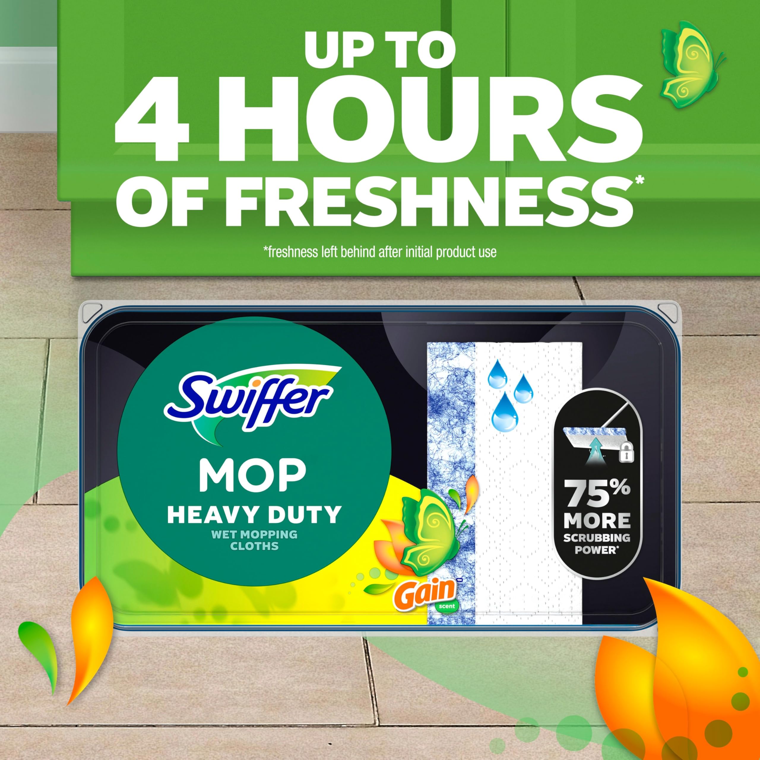 Swiffer etiqueta con lista de ingredientes y fragancias Gain y Unstopables