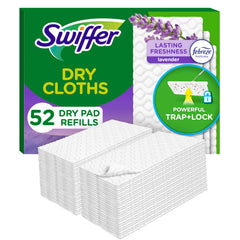 Swiffer frontal del paquete lavanda mostrando 52 unidades y frescor