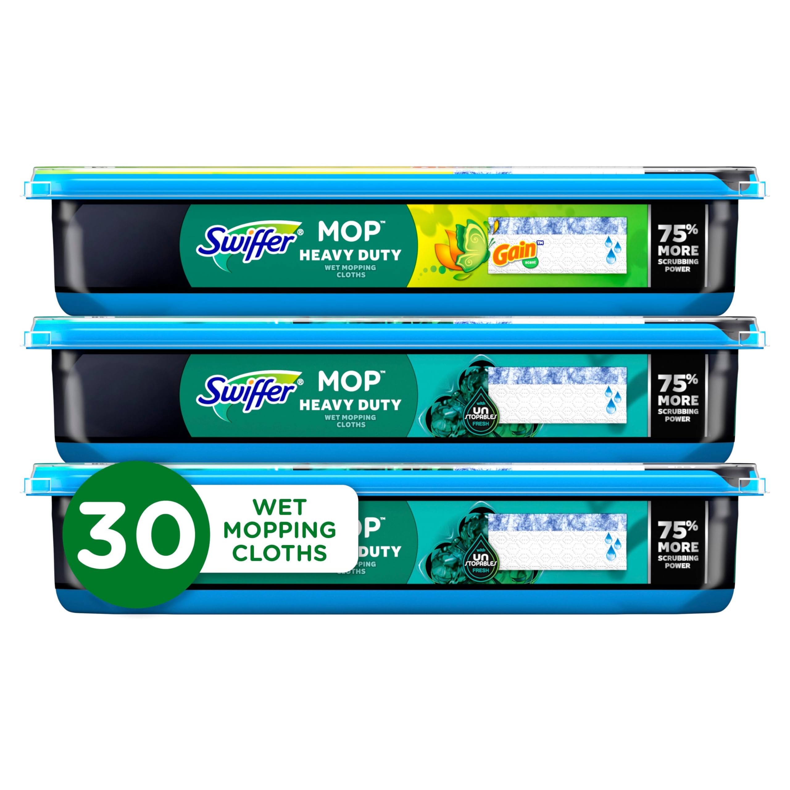 Swiffer paquete frontal Heavy Duty 30 unidades mostrando contenido y fragancias Gain