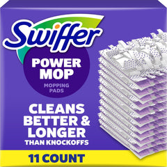 Swiffer PowerMop empaque frontal mostrando 11 recambios, limpieza rápida