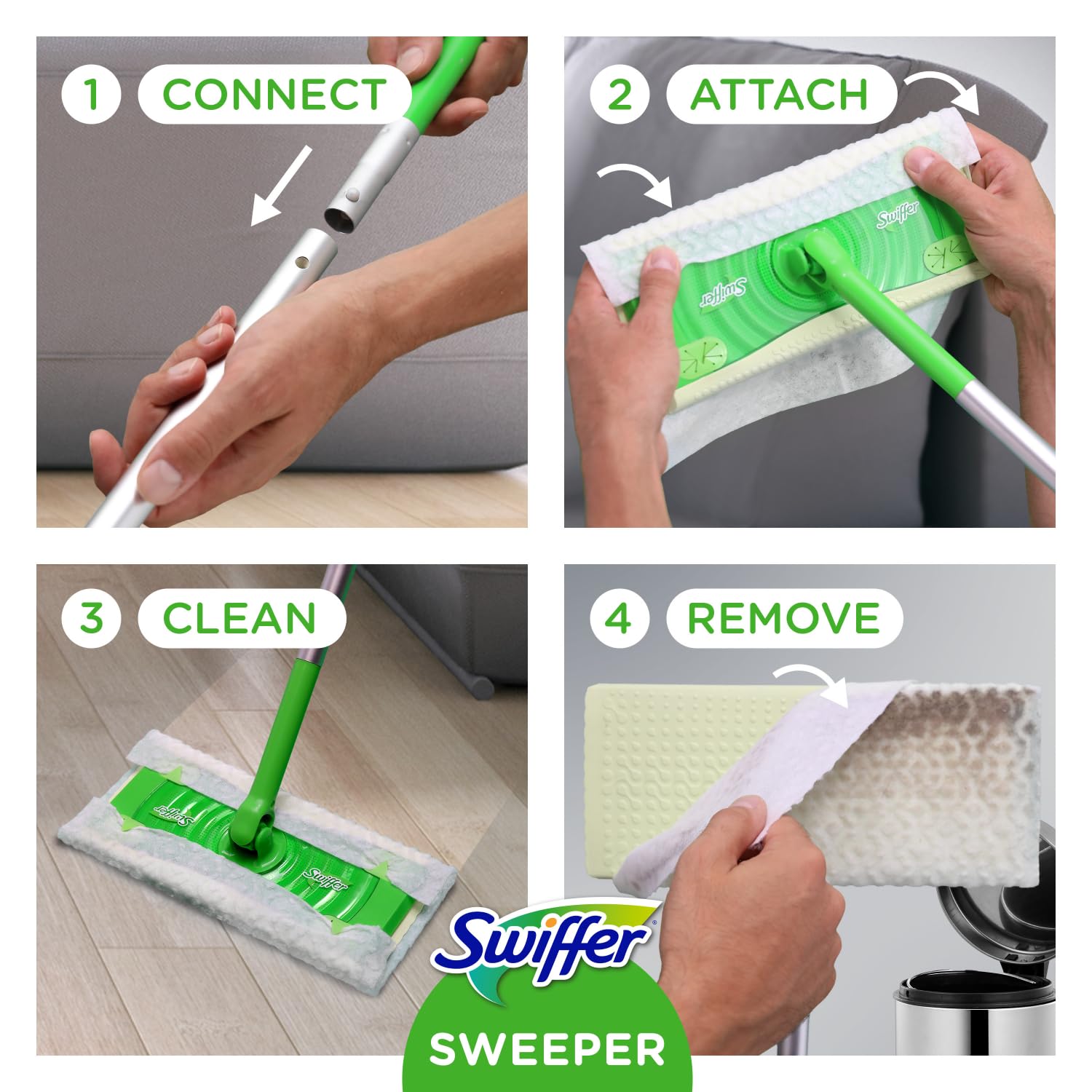 Swiffer junto a objeto para comparar tamaño y facilidad de almacenamiento