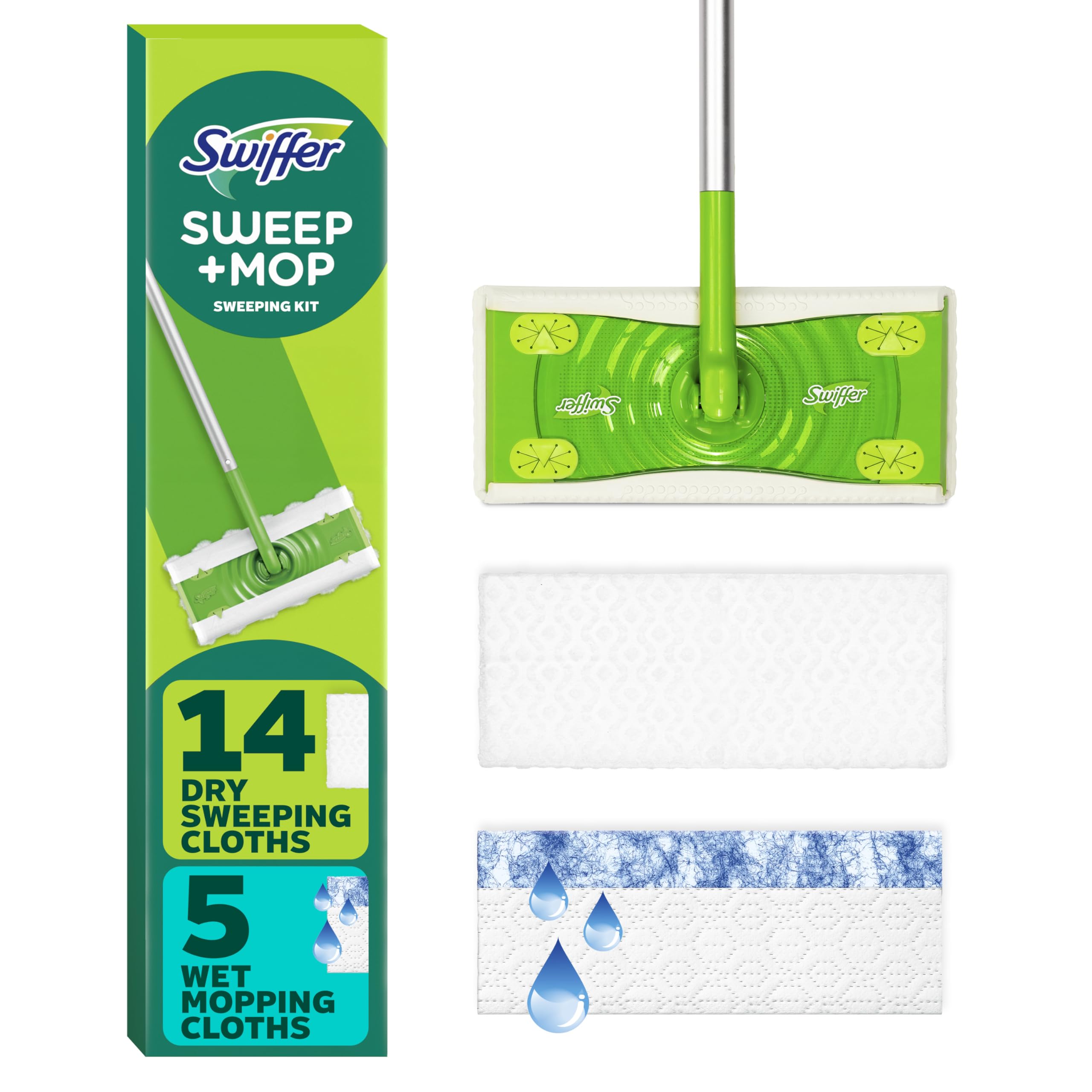 Swiffer mopa frontal y empaque mostrando contenido y ventajas