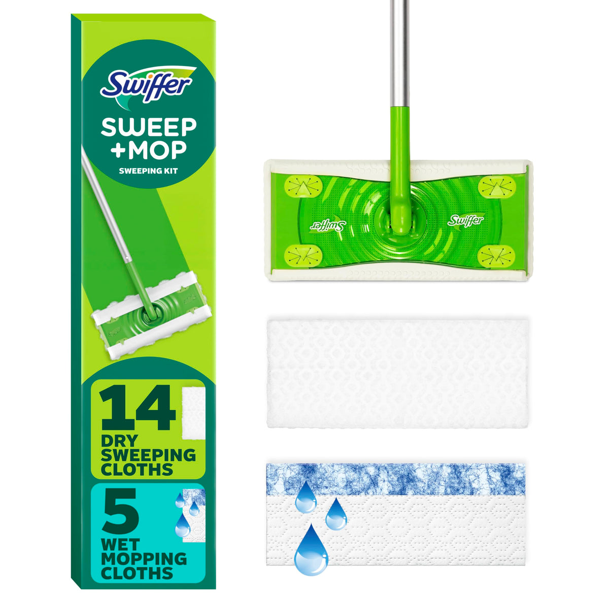 Swiffer mopa frontal y empaque mostrando contenido y ventajas