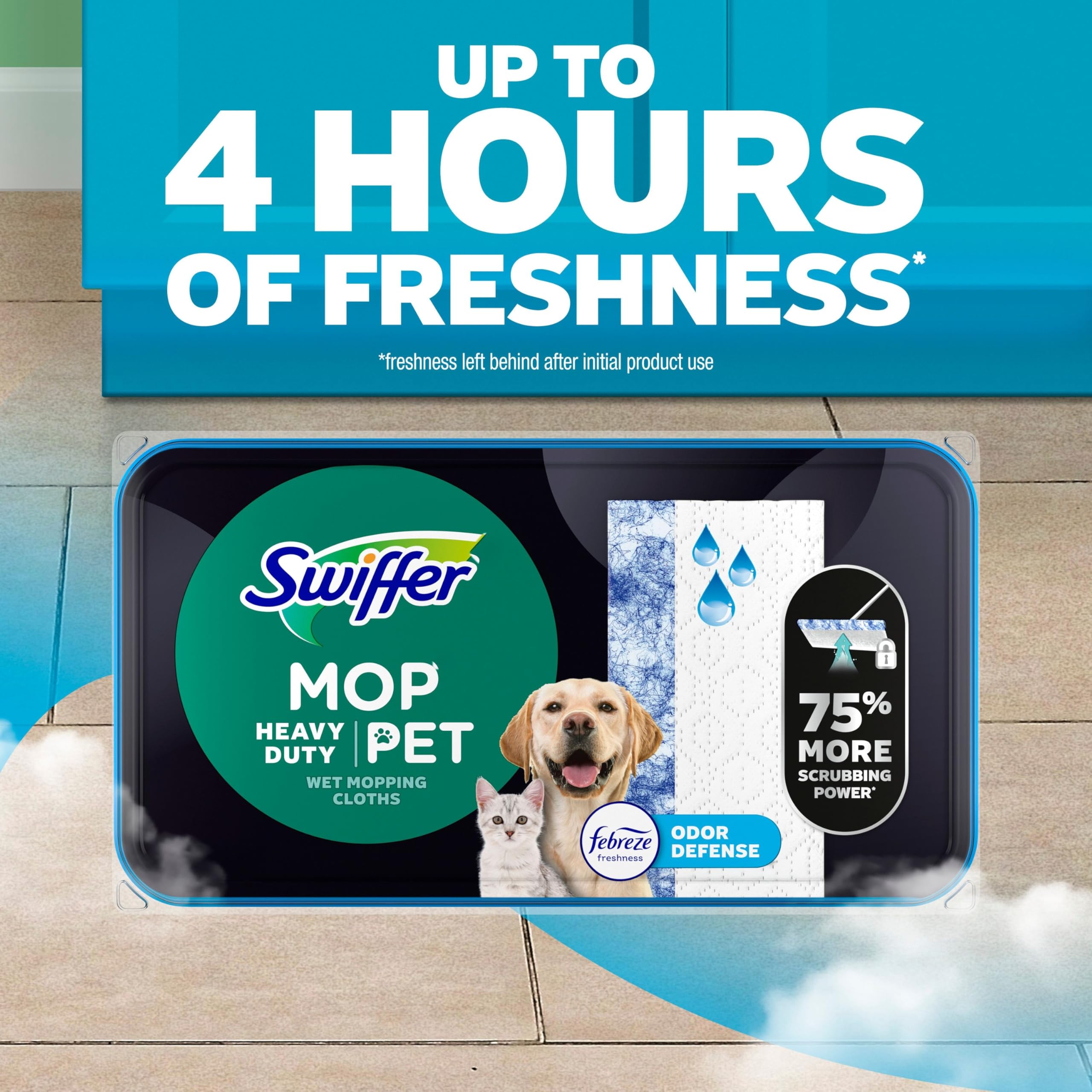 Swiffer en cocina con mascota mostrando extracción de residuos y control de olores