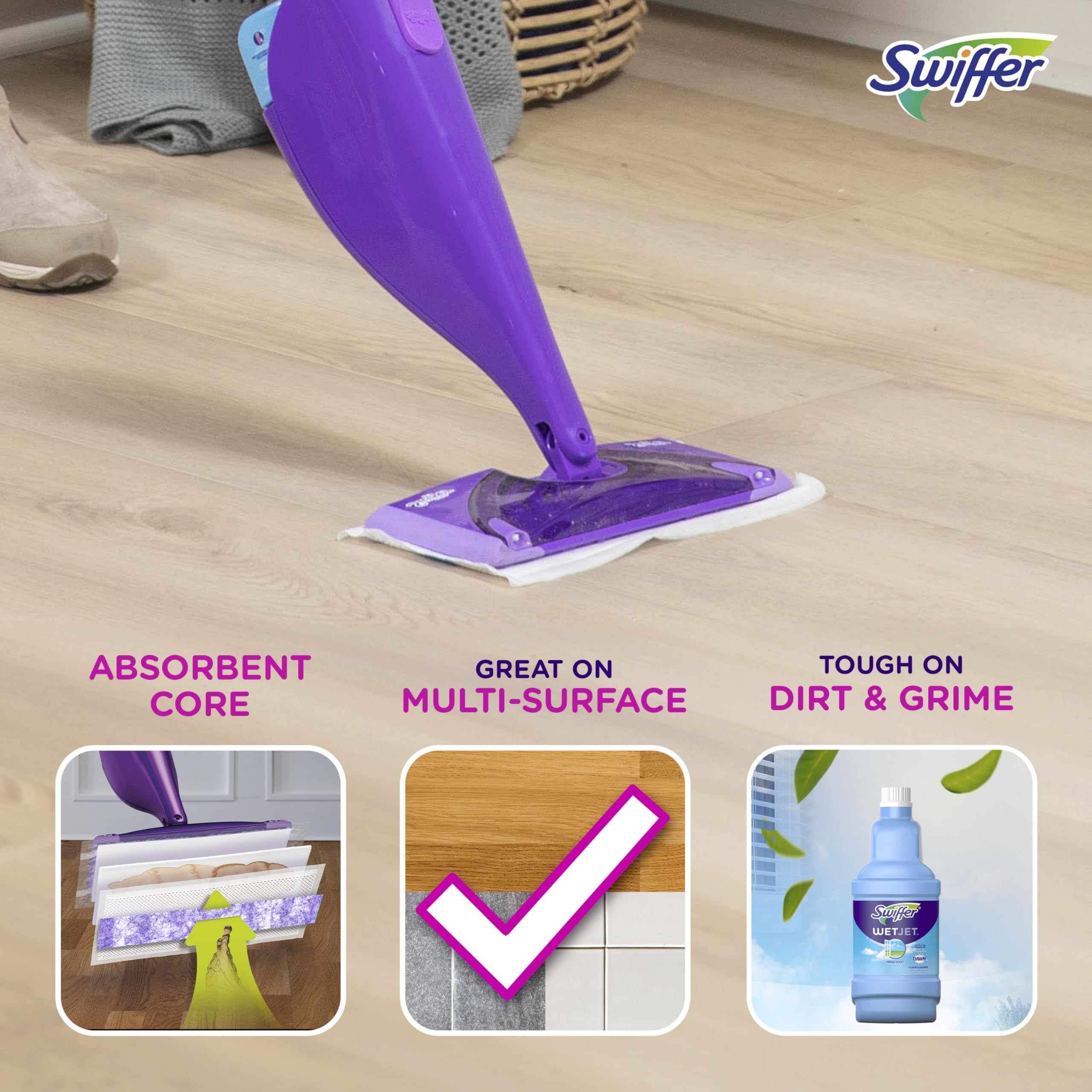 Primer plano textura de almohadilla Swiffer con tira Absorb + Lock reteniendo suciedad