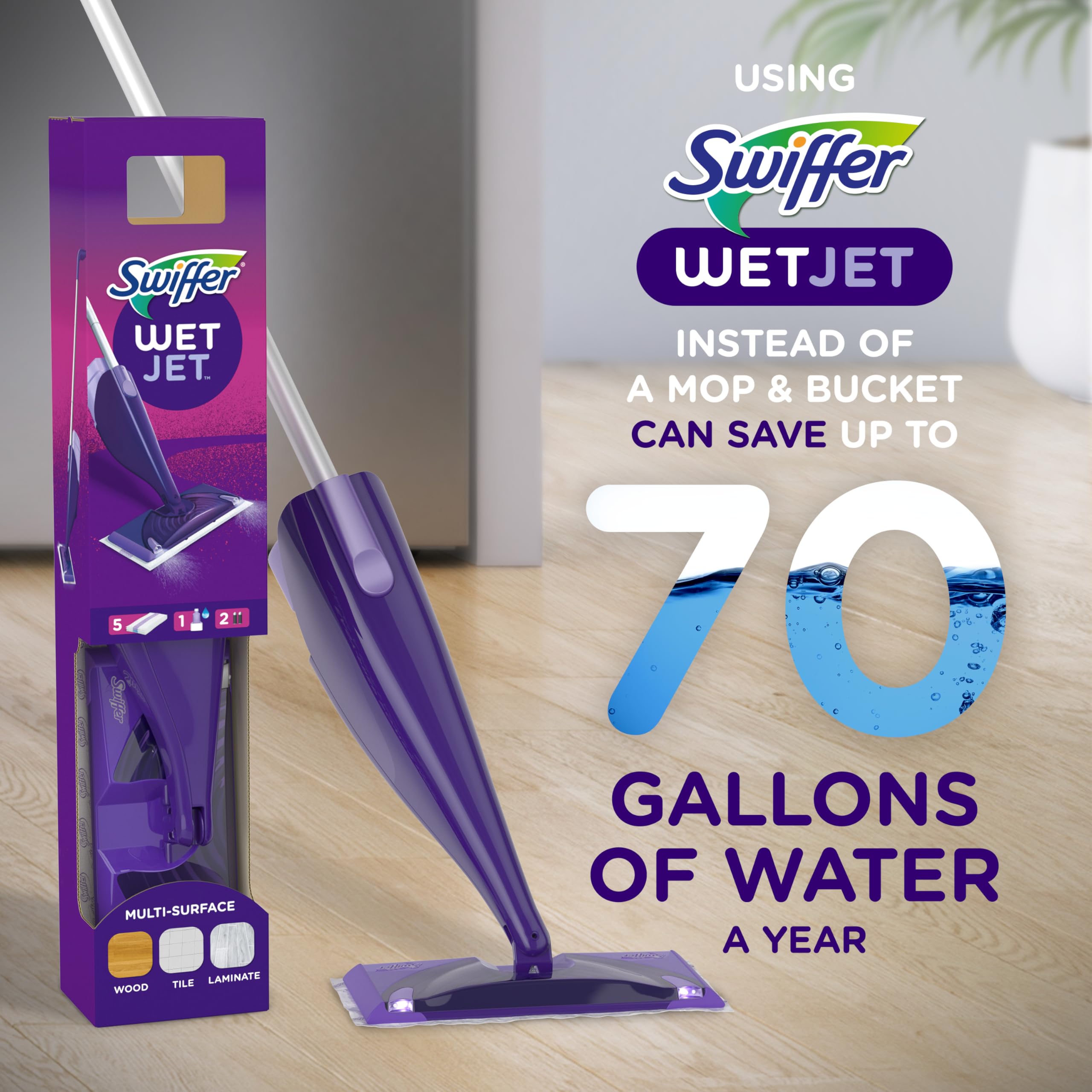 Swiffer WetJet ambiente de sala con suelos limpios y brillo natural