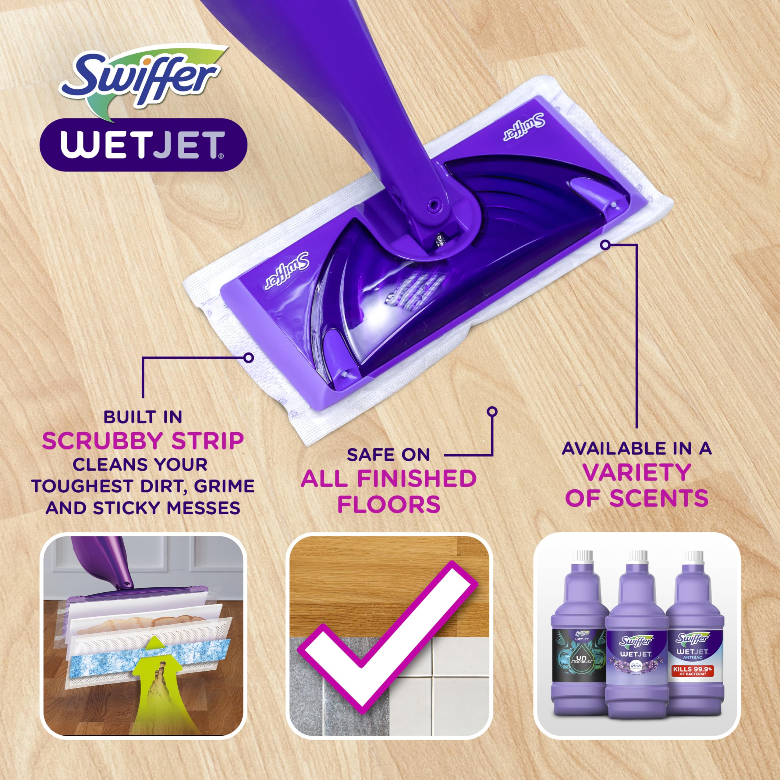 Swiffer WetJet detalle de la boquilla doble rociando solución, cobertura uniforme