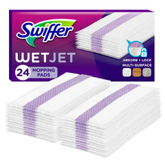 Swiffer WetJet empaque frontal mostrando 24 almohadillas y facilidad de almacenaje
