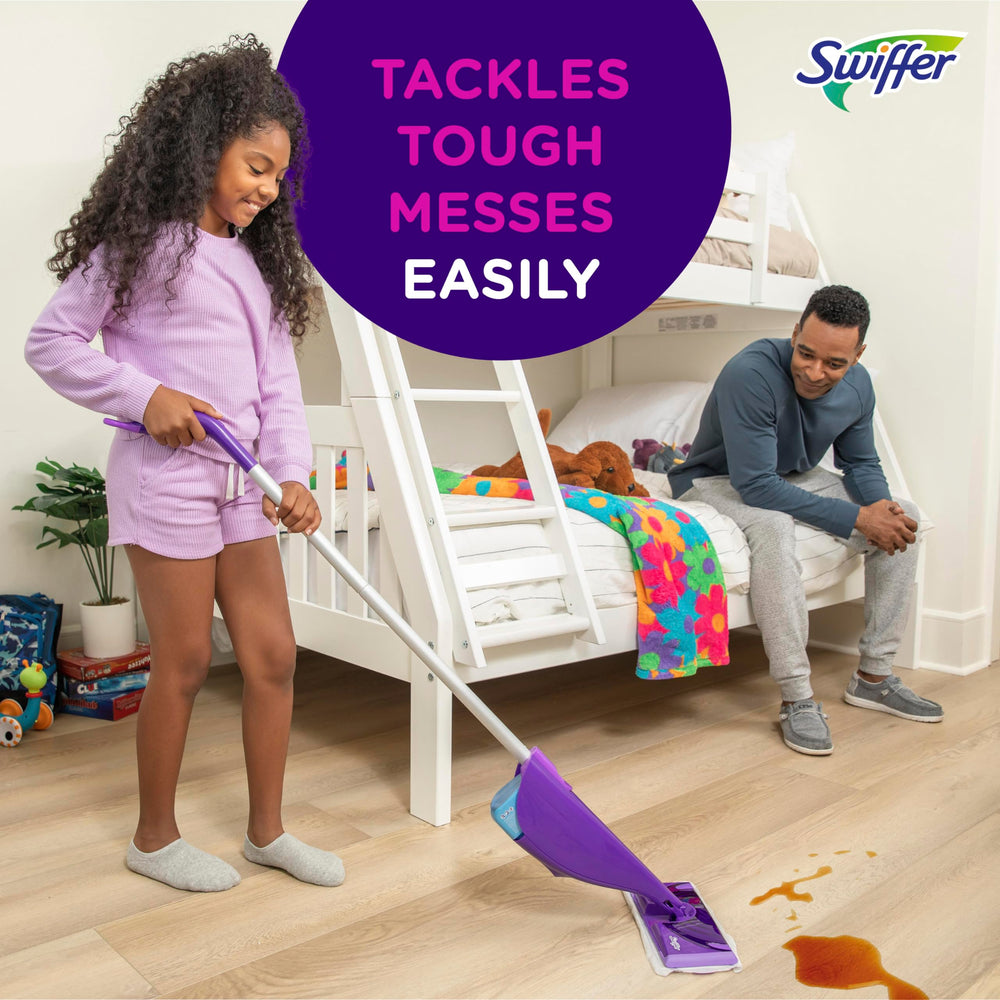 Etiqueta Swiffer WetJet con instrucciones visibles y compatibilidad de soluciones