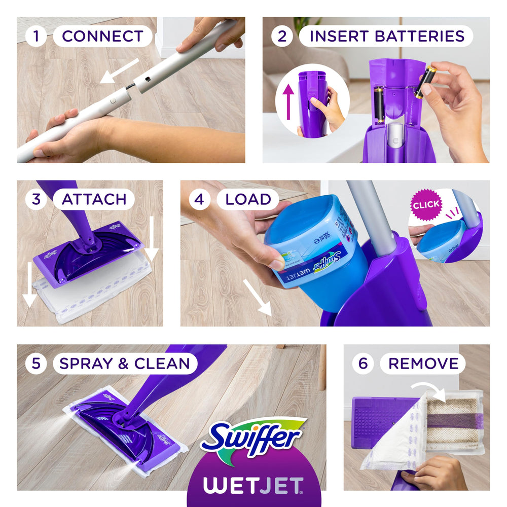 Swiffer WetJet etiqueta con instrucciones de uso claras, uso sencillo y seguro