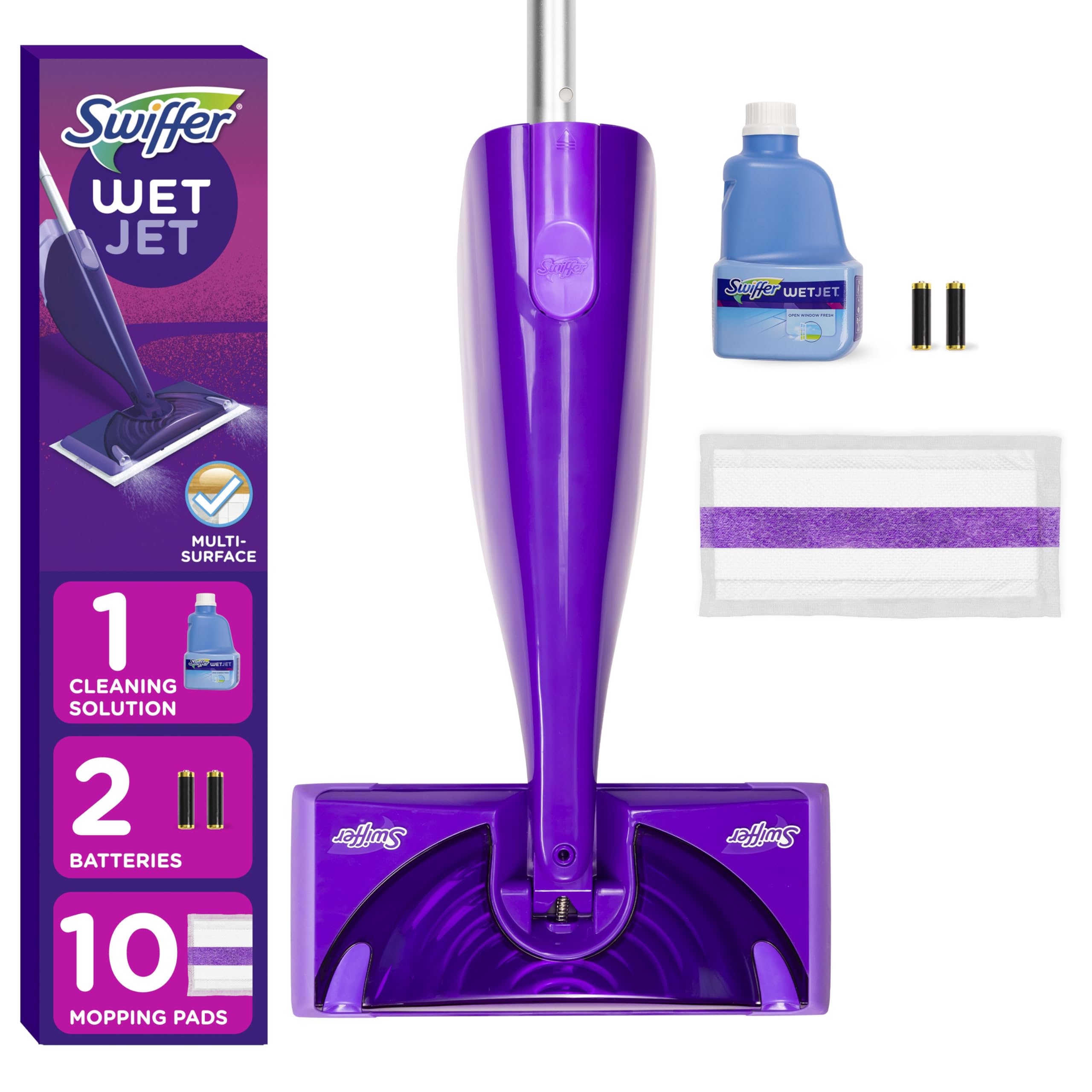 Swiffer WetJet frontal del kit mostrando mopa y accesorios, limpieza rápida