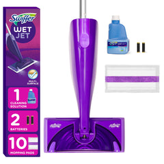 Swiffer WetJet frontal del kit mostrando mopa y accesorios, limpieza rápida