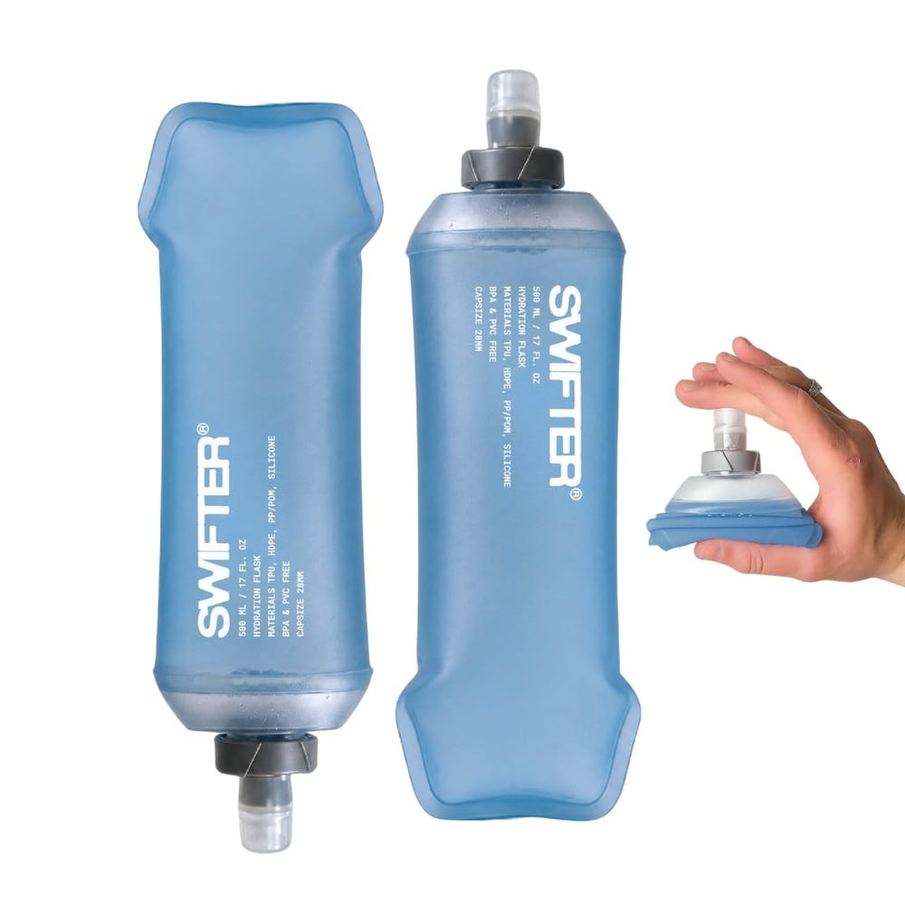 SWIFTER vista frontal del pack de dos flasks sky blue, ligera y práctica
