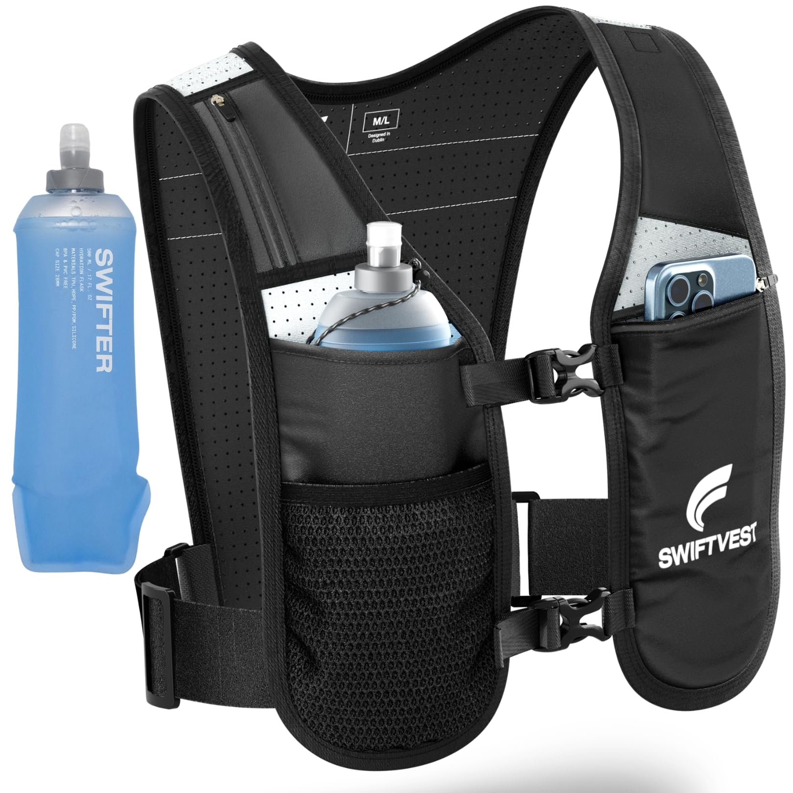 SWIFTVEST vista frontal mostrando seis bolsillos y ajuste seguro