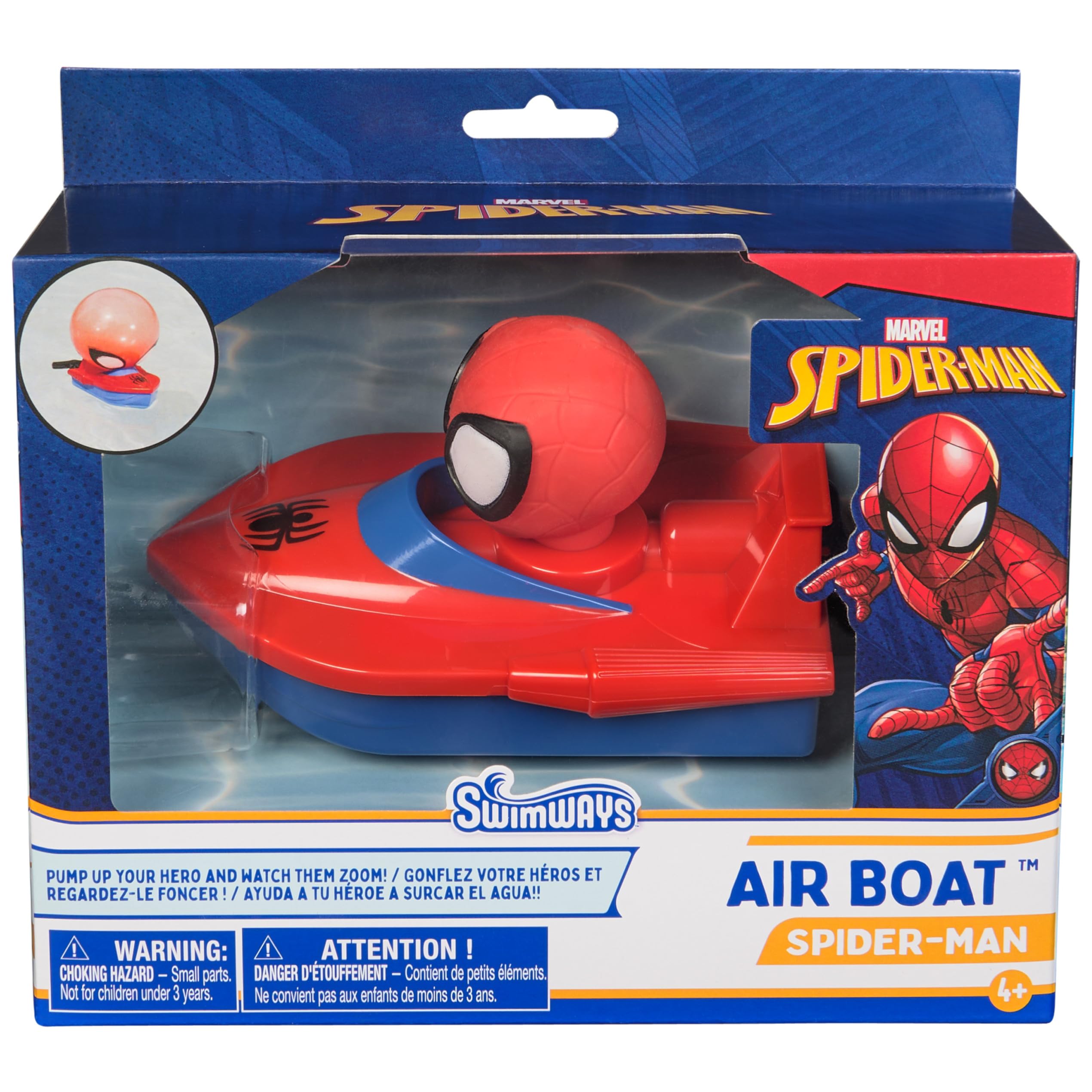 SwimWays Spider-Man vista frontal del bote mostrando el diseño y diversión