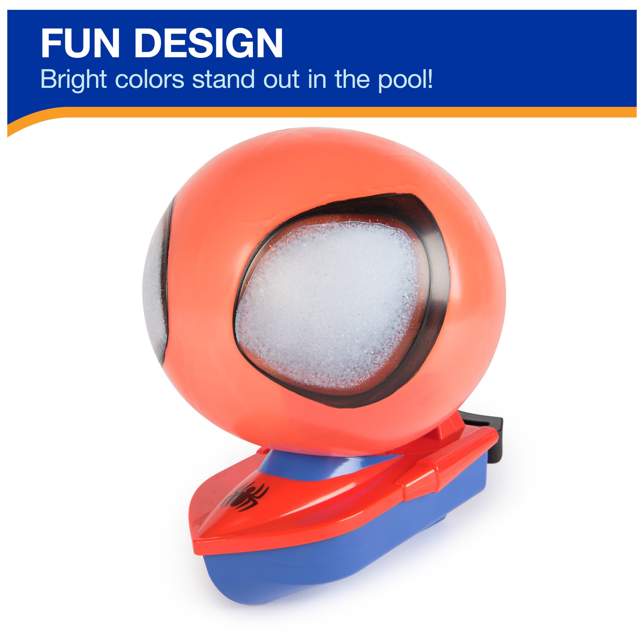 SwimWays Spider-Man comparación de tamaño junto a una mano para escala clara
