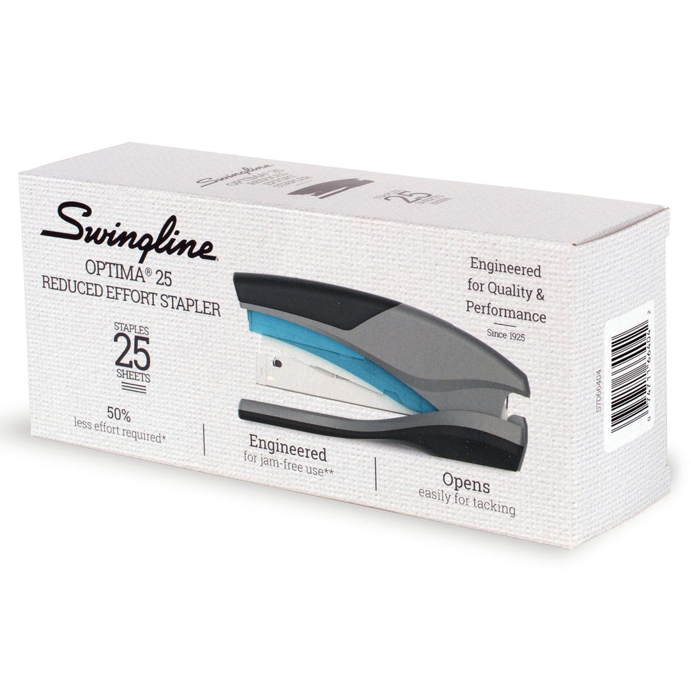 Swingline Optima 25 abierta para recarga mostrando capacidad para 210 grapas