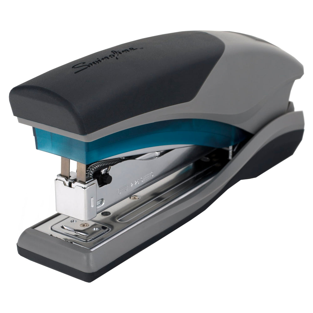 Swingline Optima 25 vista frontal en azul y gris mostrando diseño resistente