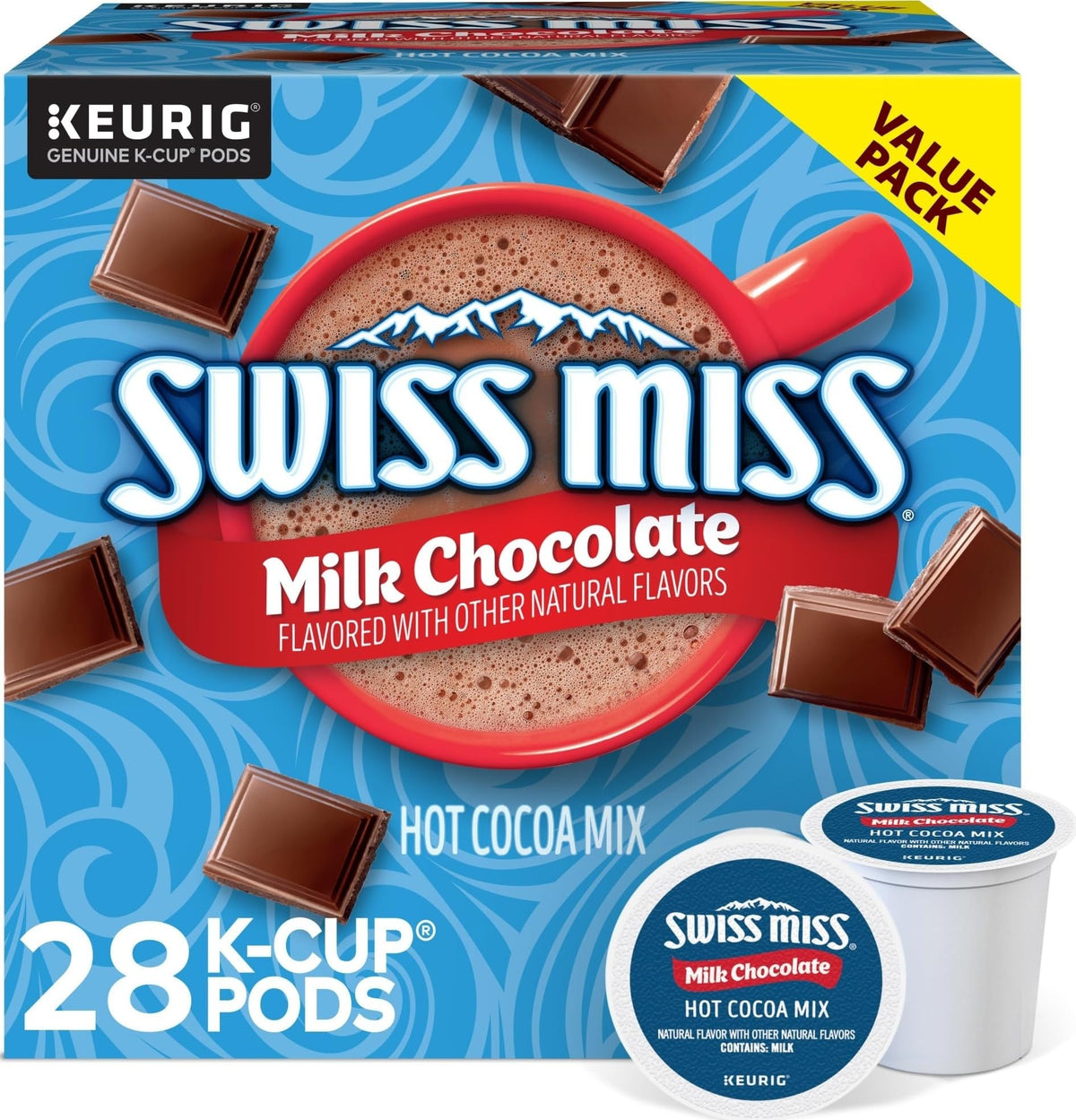 Swiss Miss frente del paquete mostrando 28 cápsulas y conveniencia