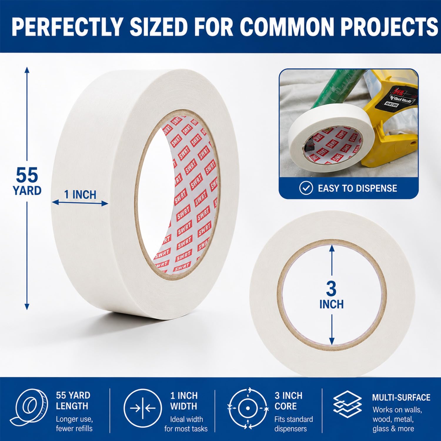 SWRT primer plano de rollo muestra textura crepé y fácil corte