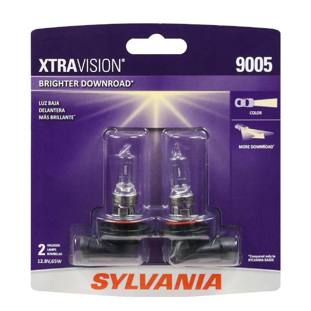 SYLVANIA 9005 pack frontal mostrando el embalaje y valor de reemplazo