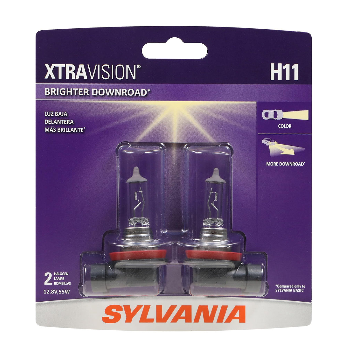 SYLVANIA H11 XtraVision empaque frontal mostrando paquete de 2 y beneficios