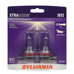 SYLVANIA H11 XtraVision empaque frontal mostrando paquete de 2 y beneficios