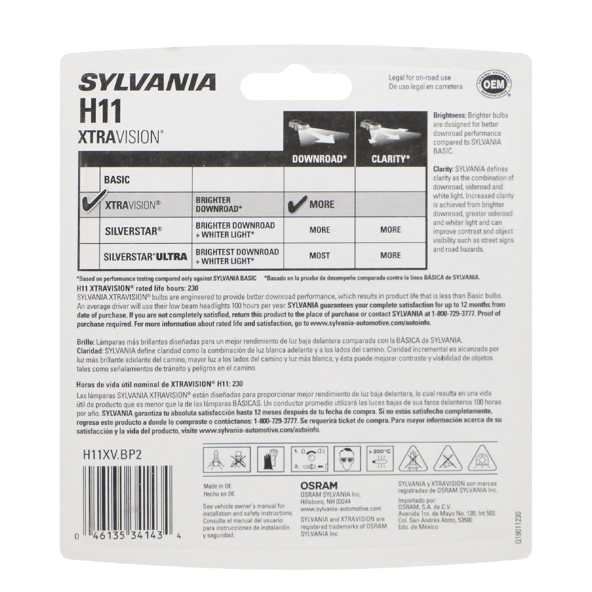 SYLVANIA H11 XtraVision primer plano del filamento para mayor durabilidad