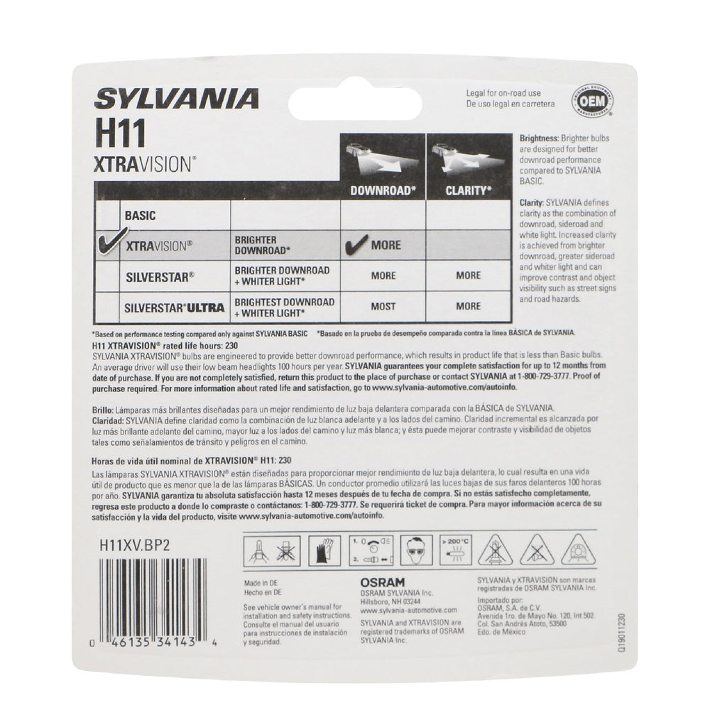 SYLVANIA H11 XtraVision primer plano del filamento para mayor durabilidad