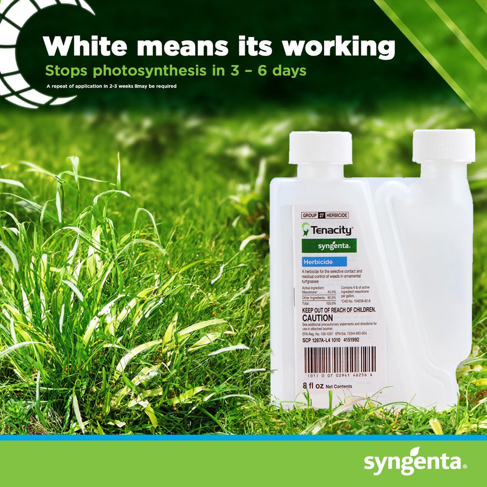 Syngenta Tenacity junto a mano para comparación de tamaño y dosificación práctica