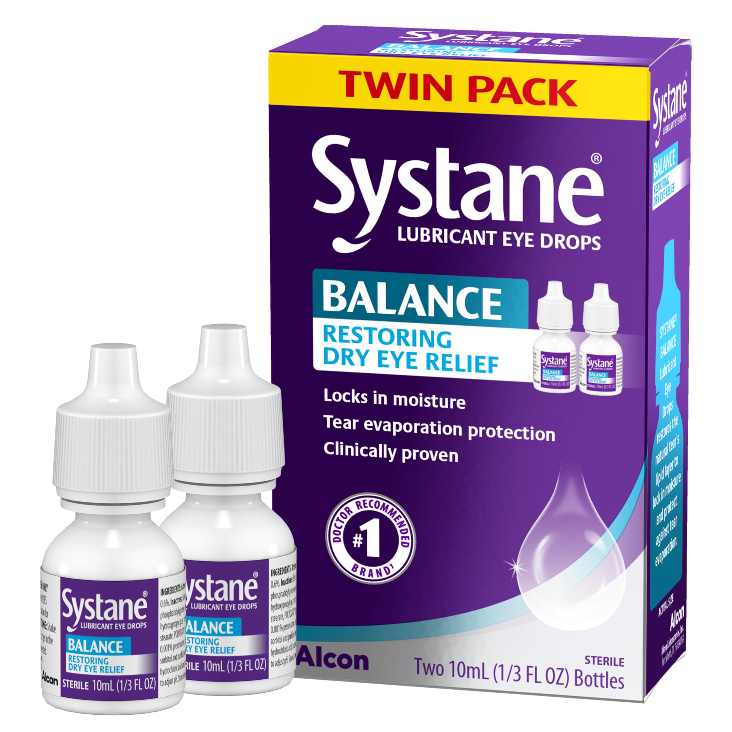 Systane BALANCE frente del empaque mostrando pack de dos y beneficio alivio prolongado