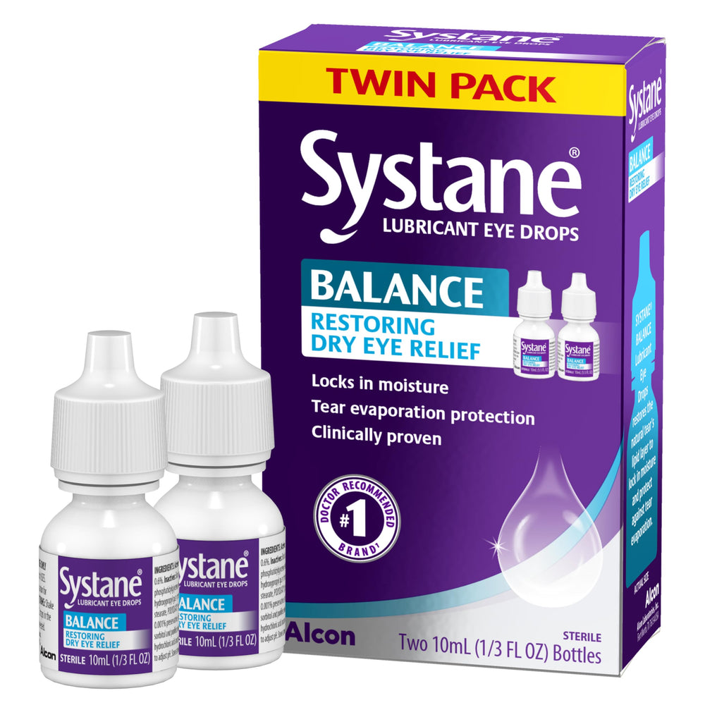 Systane BALANCE frente del empaque mostrando pack de dos y beneficio alivio prolongado
