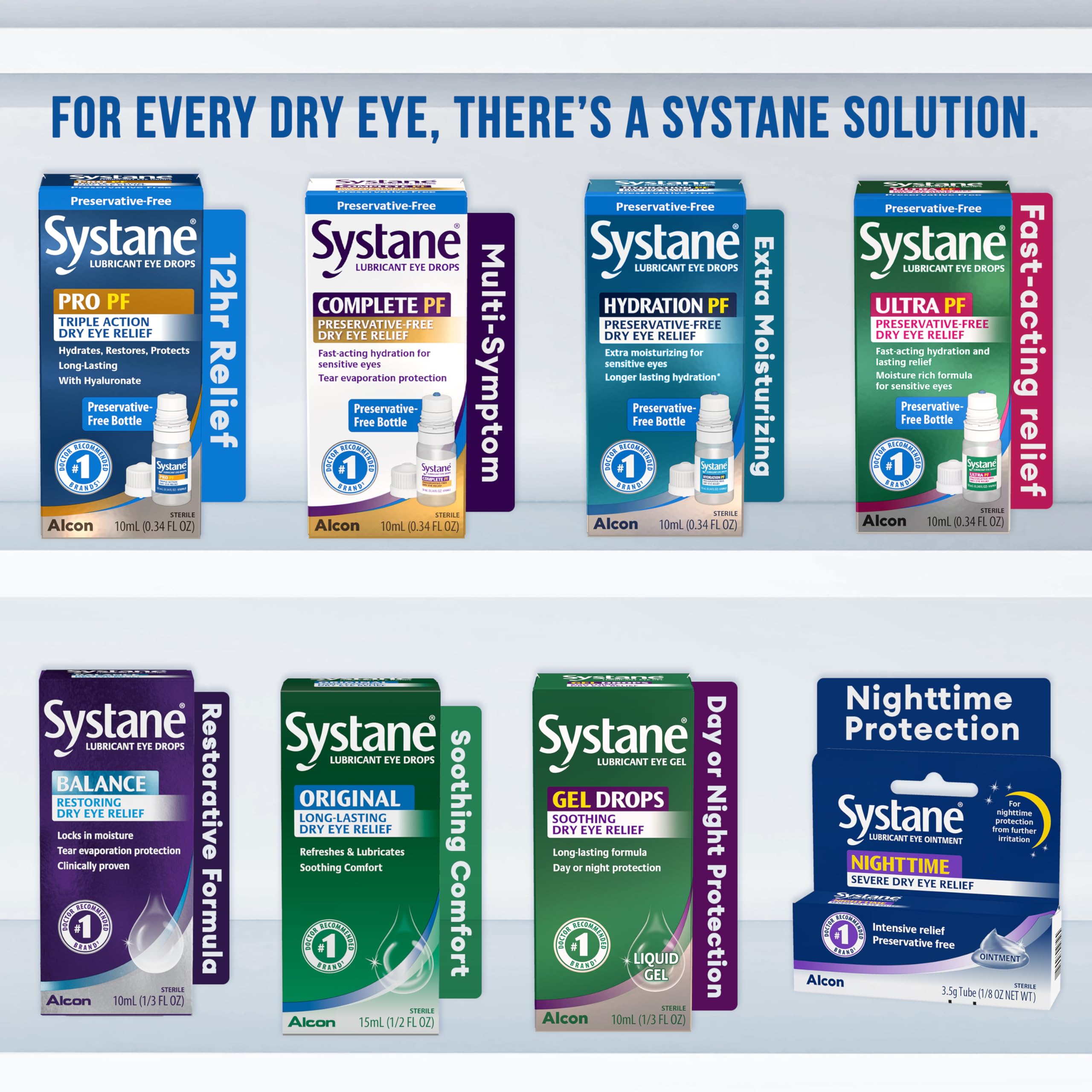 Systane etiqueta con información del producto y beneficios para ojos sensibles