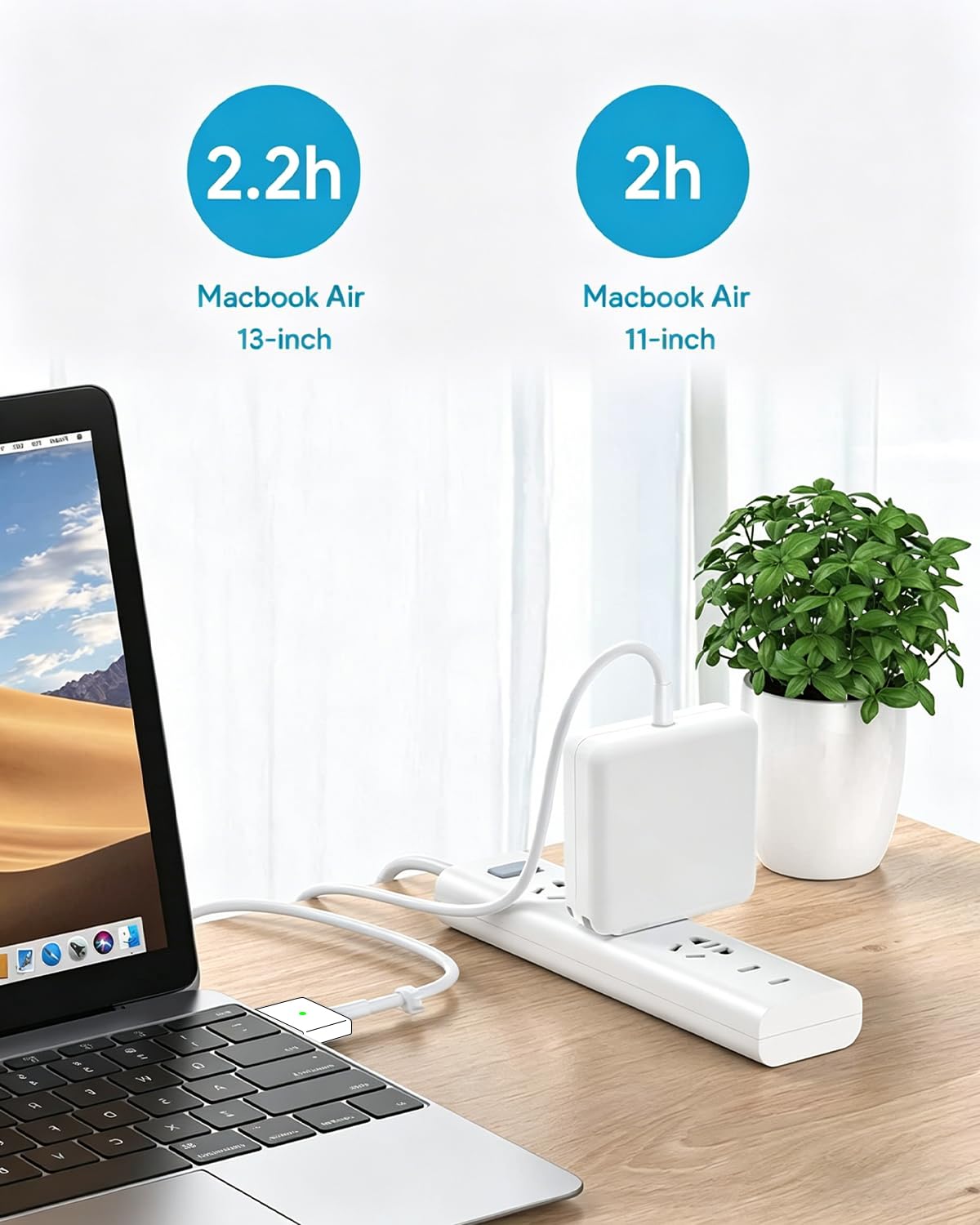 SZ96W cargador en escritorio con MacBook Air en uso, ilustra carga estable y práctica