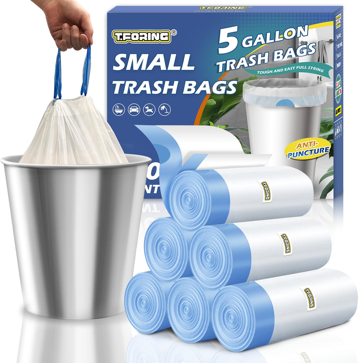 T.FORING paquete frontal mostrando 6 rollos y 120 bolsas, almacenamiento conveniente