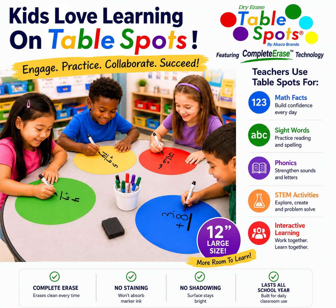 Table Spots adhesivo trasero diseñado para durar un año escolar
