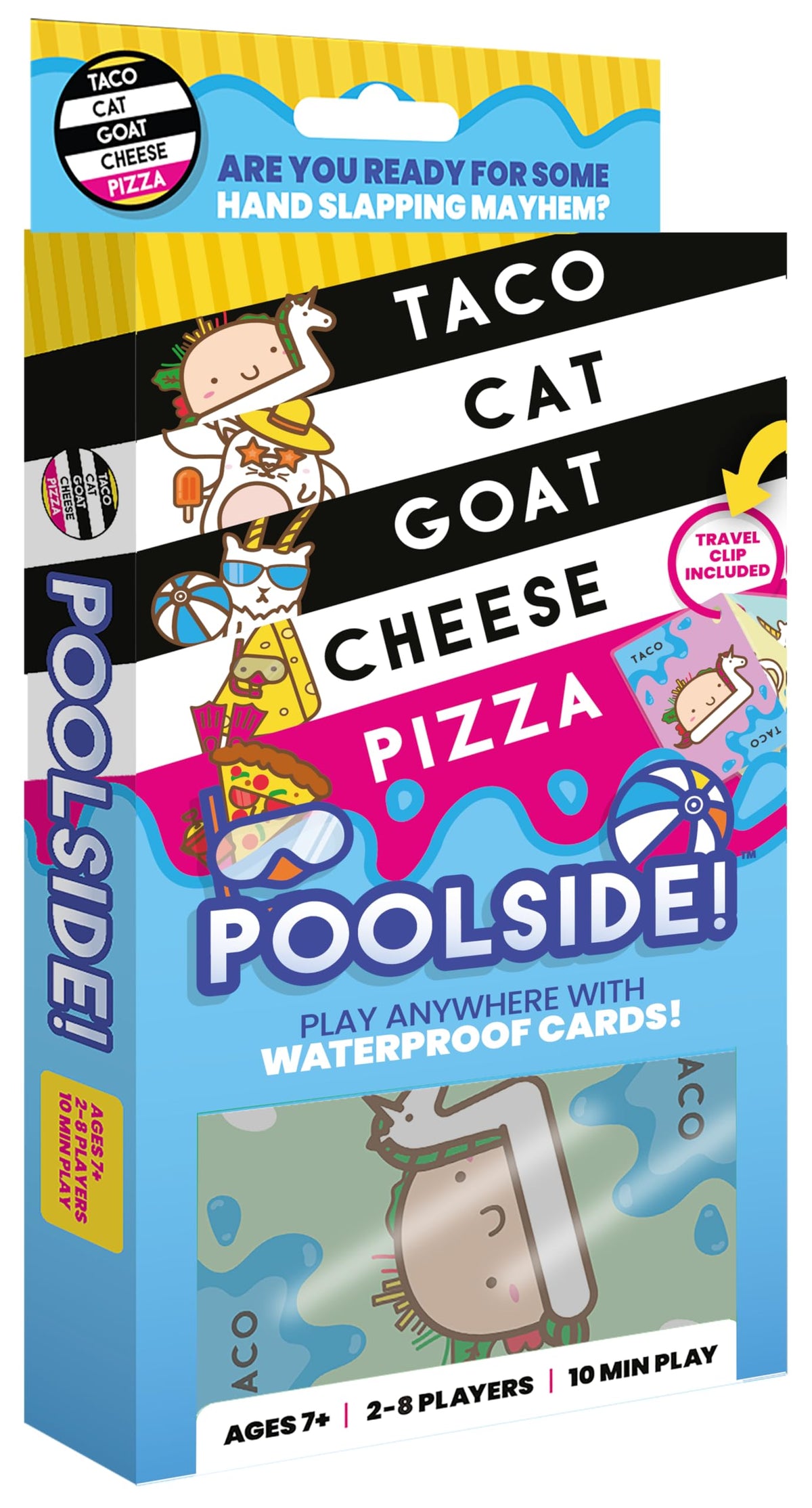 Taco Cat Goat Cheese Pizza vista frontal del paquete resistente al agua, ideal para exteriores