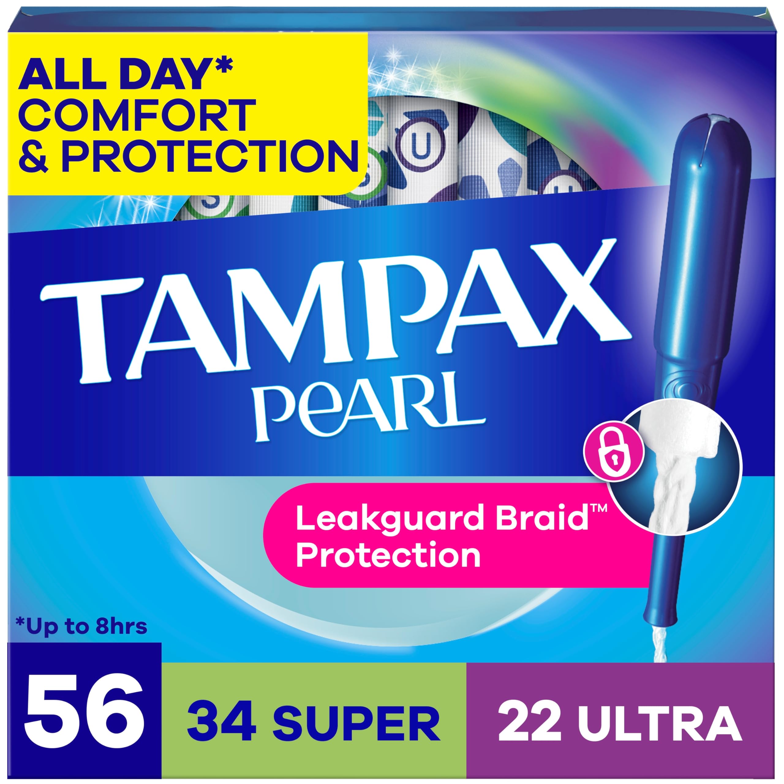 Tampax paquete frontal mostrando 56 unidades y descripción clara de beneficio